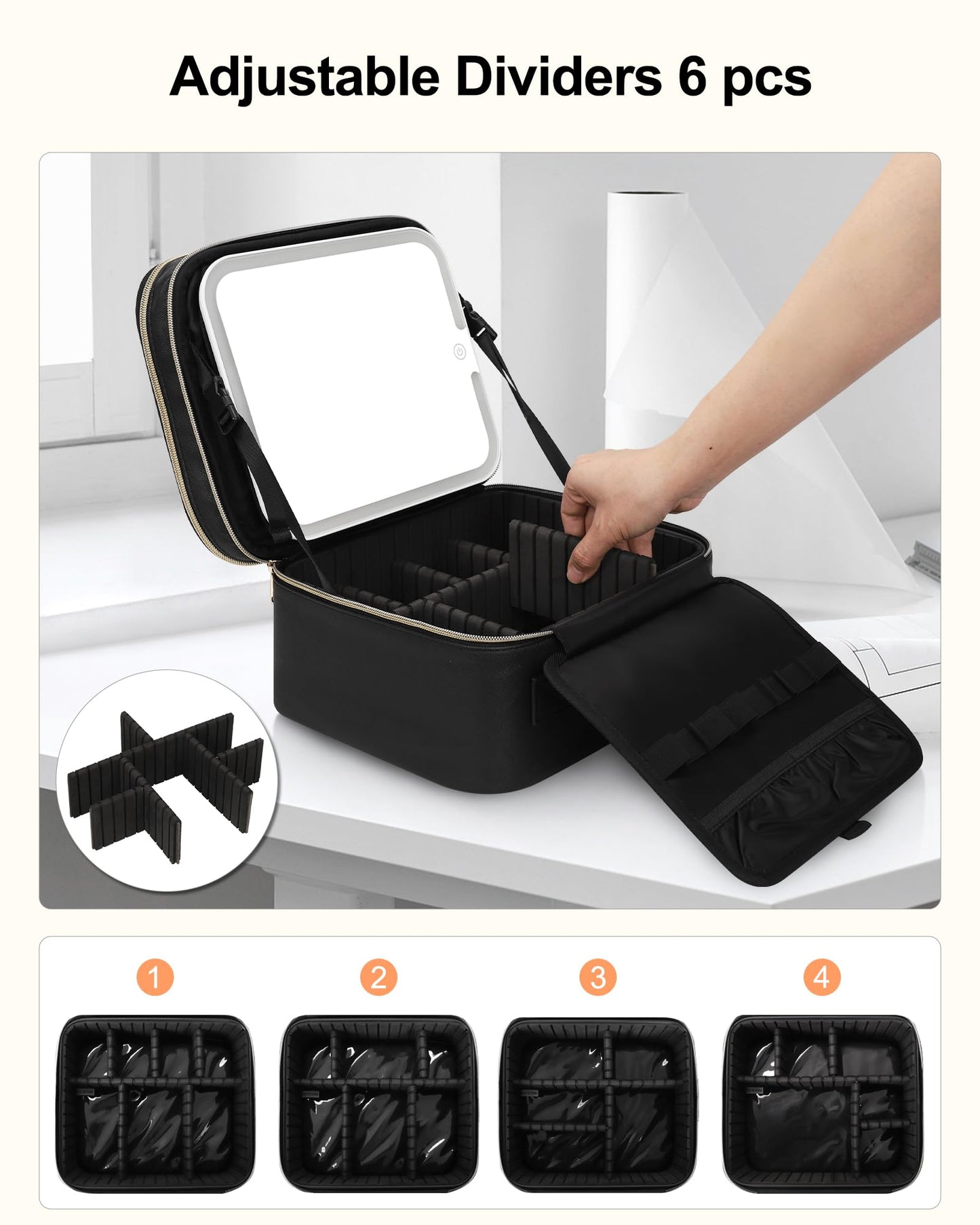 Travel Makeup Bag, Black Cosmetic Train Case with Lighted Mirror 3 Color Scenarios Adjustable Brightness, Makeup Train Case with Adjustable Dividers, Toiletry Storage Case Gift for Lady