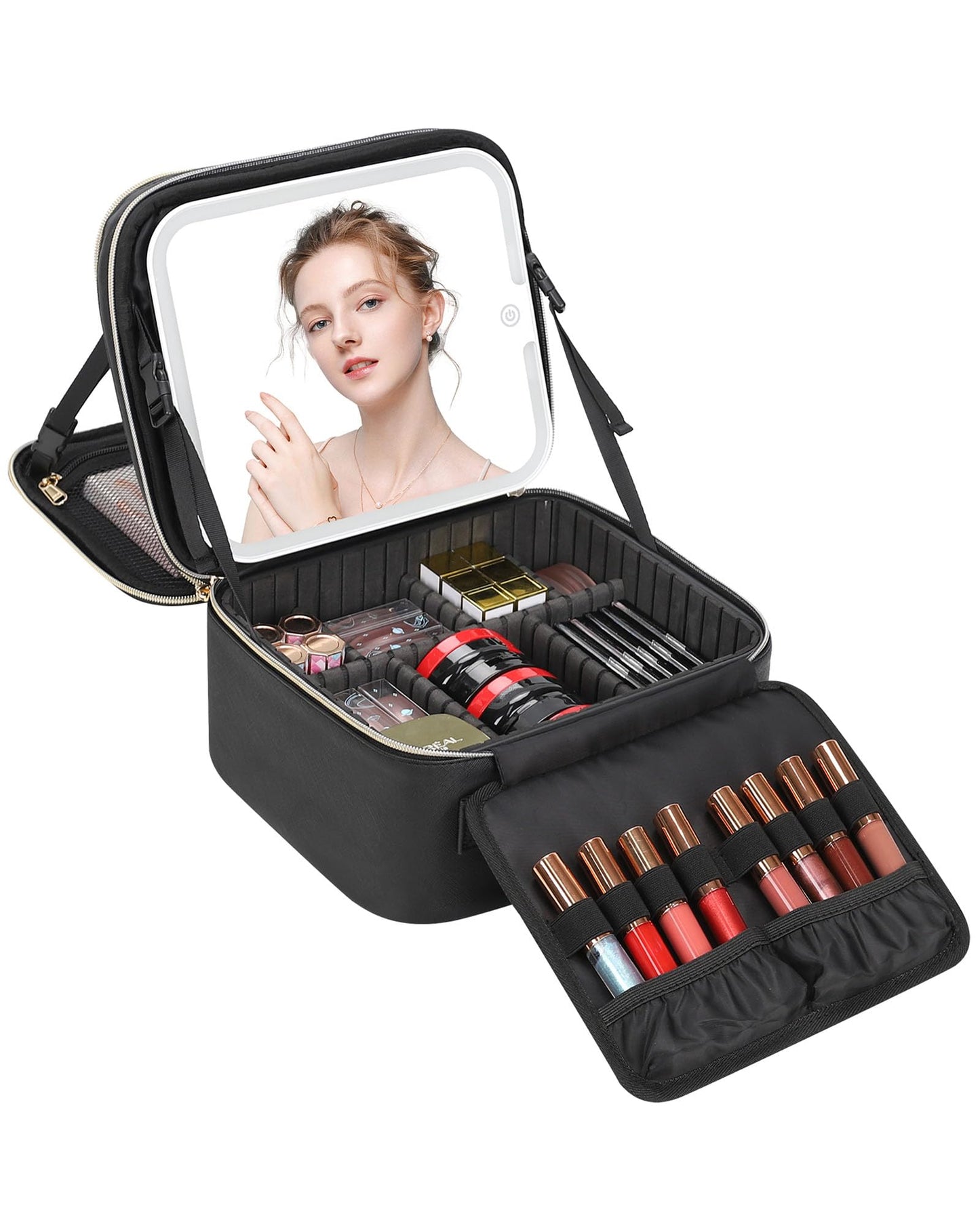 Travel Makeup Bag, Black Cosmetic Train Case with Lighted Mirror 3 Color Scenarios Adjustable Brightness, Makeup Train Case with Adjustable Dividers, Toiletry Storage Case Gift for Lady