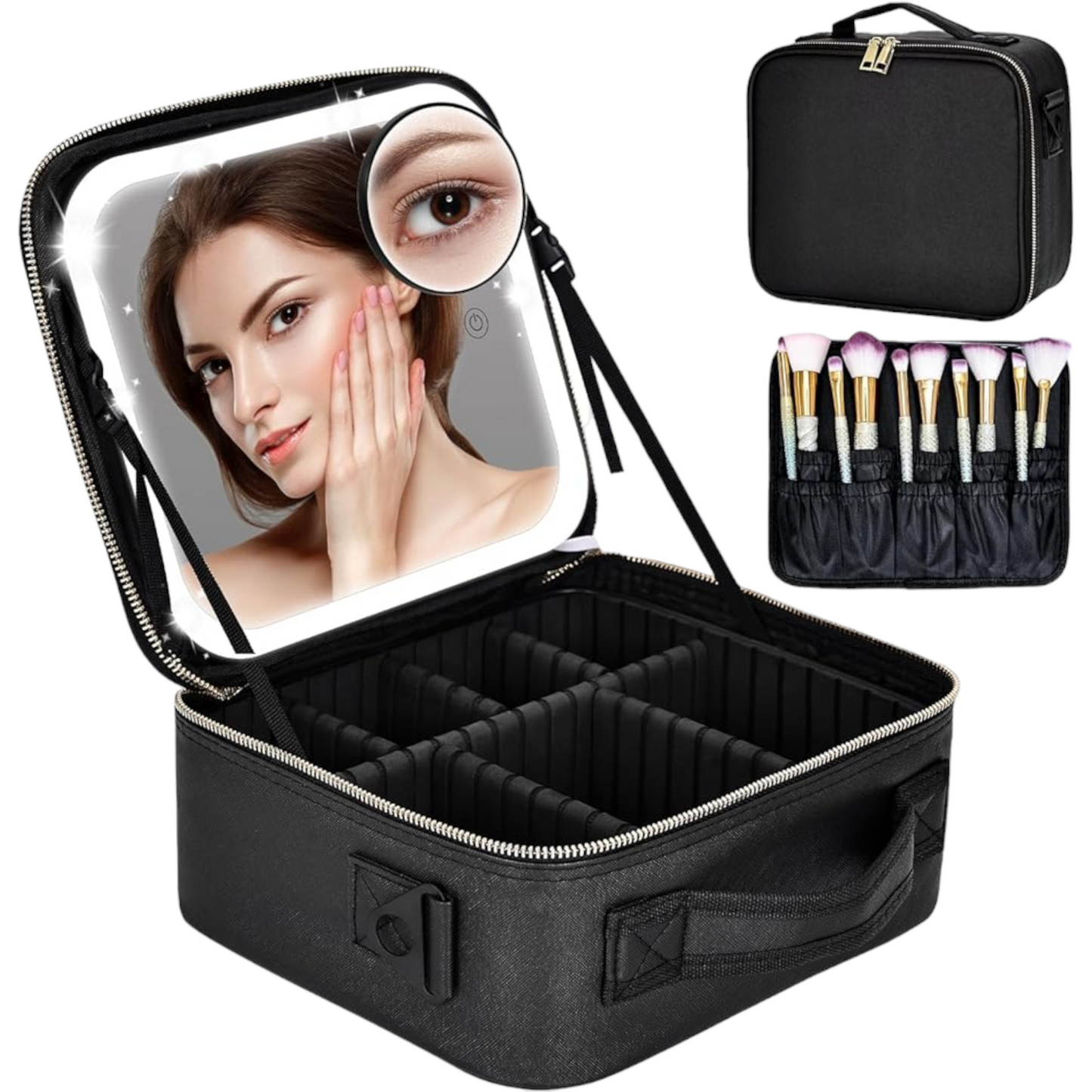 Travel Makeup Bag, Black Cosmetic Train Case with Lighted Mirror 3 Color Scenarios Adjustable Brightness, Makeup Train Case with Adjustable Dividers, Toiletry Storage Case Gift for Lady