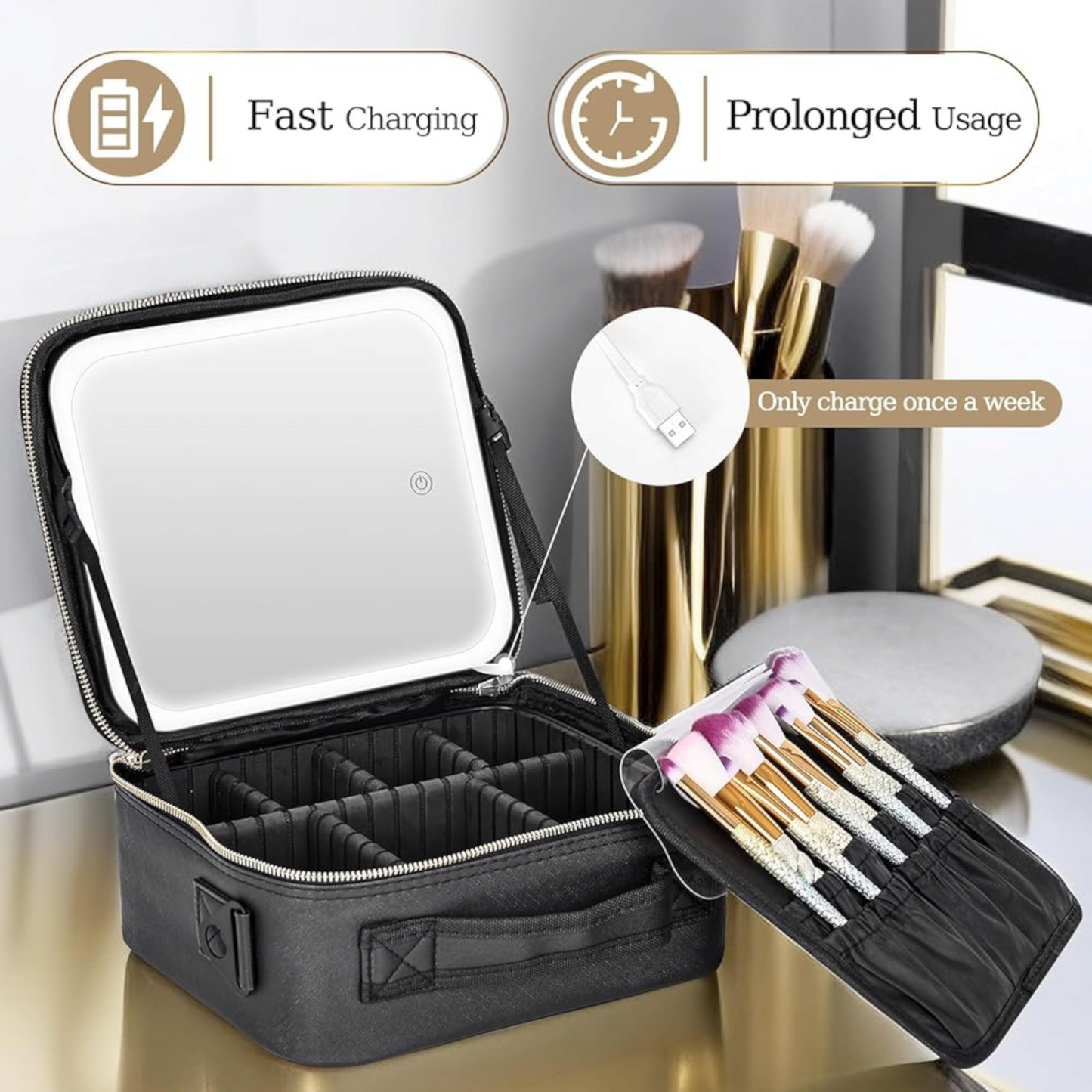 Travel Makeup Bag, Black Cosmetic Train Case with Lighted Mirror 3 Color Scenarios Adjustable Brightness, Makeup Train Case with Adjustable Dividers, Toiletry Storage Case Gift for Lady