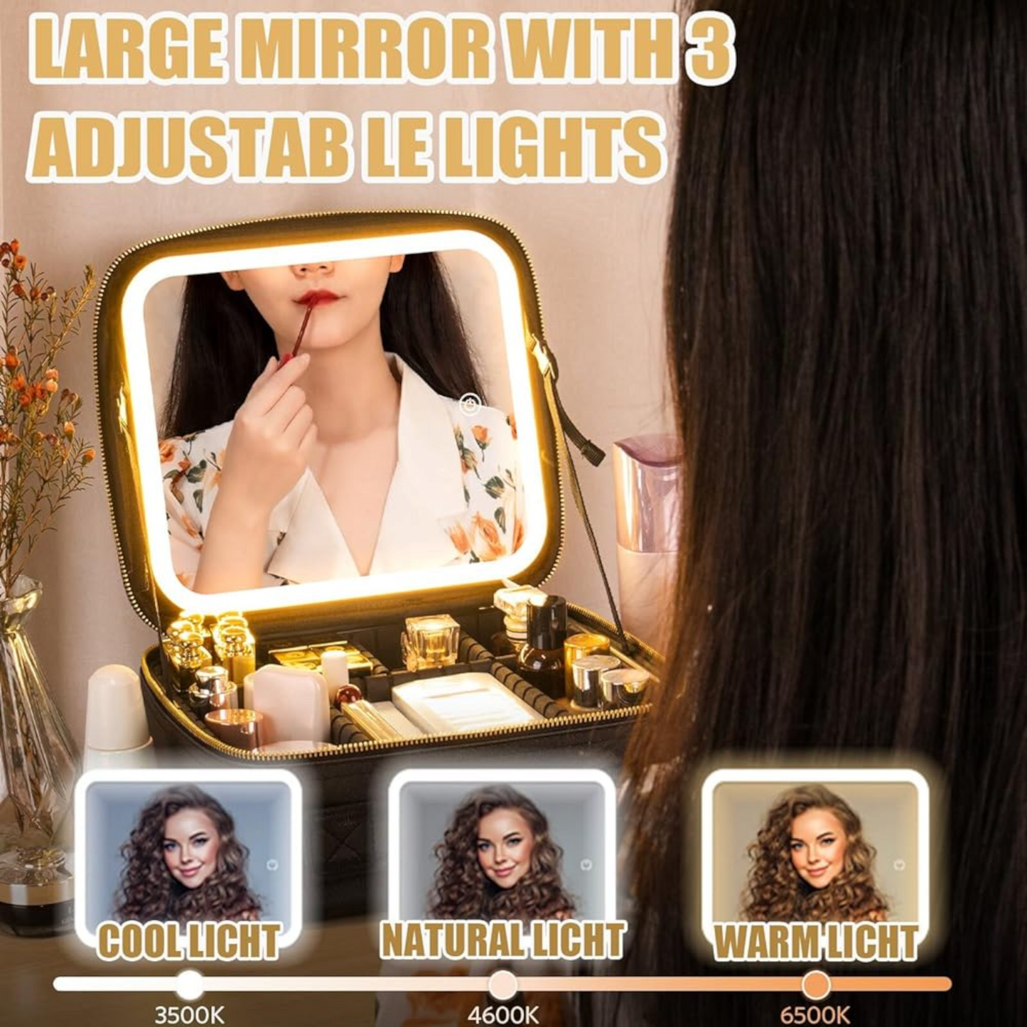 Travel Makeup Bag, Black Cosmetic Train Case with Lighted Mirror 3 Color Scenarios Adjustable Brightness, Makeup Train Case with Adjustable Dividers, Toiletry Storage Case Gift for Lady