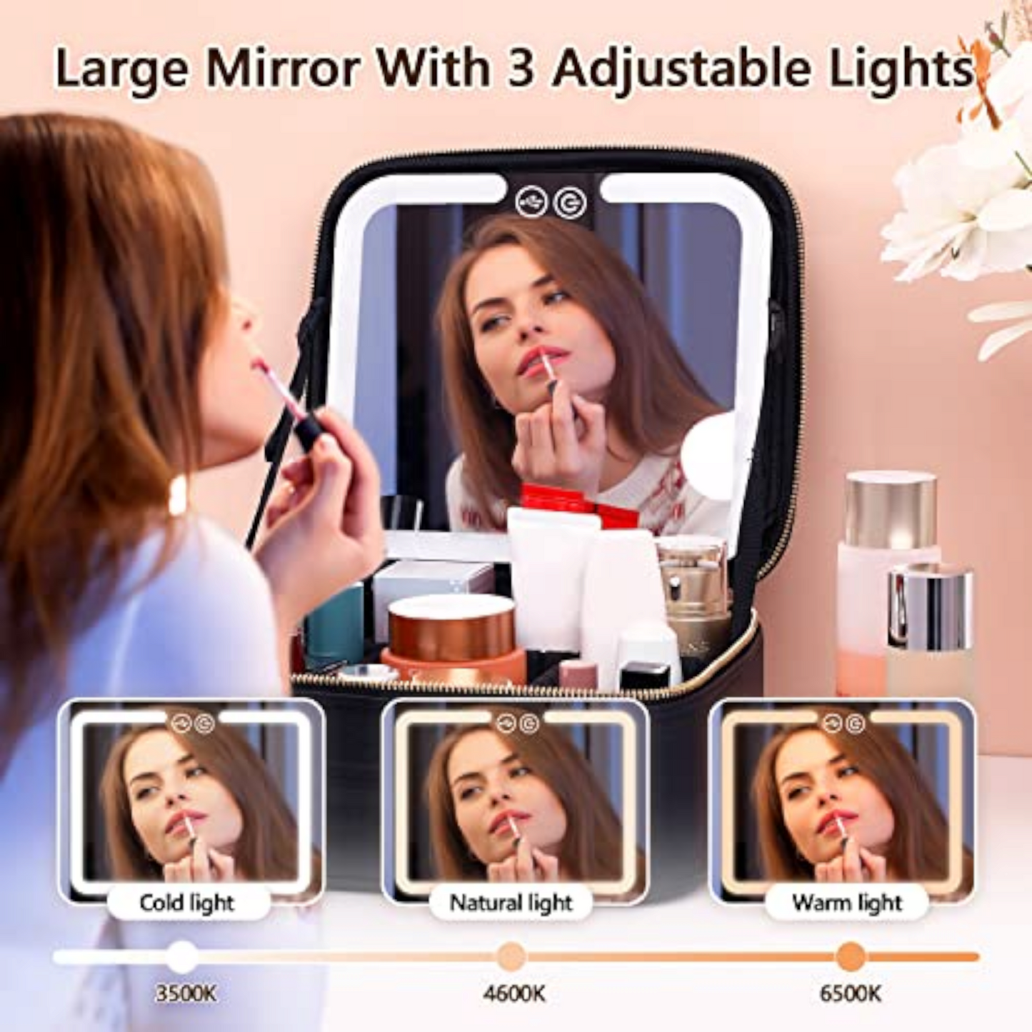 Travel Makeup Bag, Black Cosmetic Train Case with Lighted Mirror 3 Color Scenarios Adjustable Brightness, Makeup Train Case with Adjustable Dividers, Toiletry Storage Case Gift for Lady