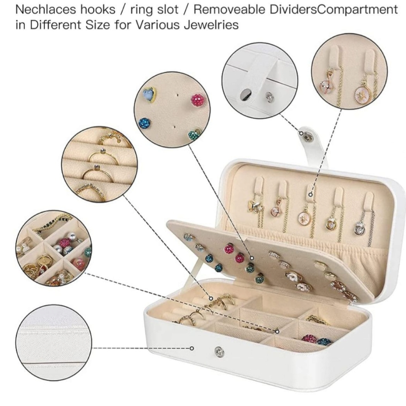 Dual Layer PU Leather Compact Portable Jewelry Box Organizer-Rectangle - White