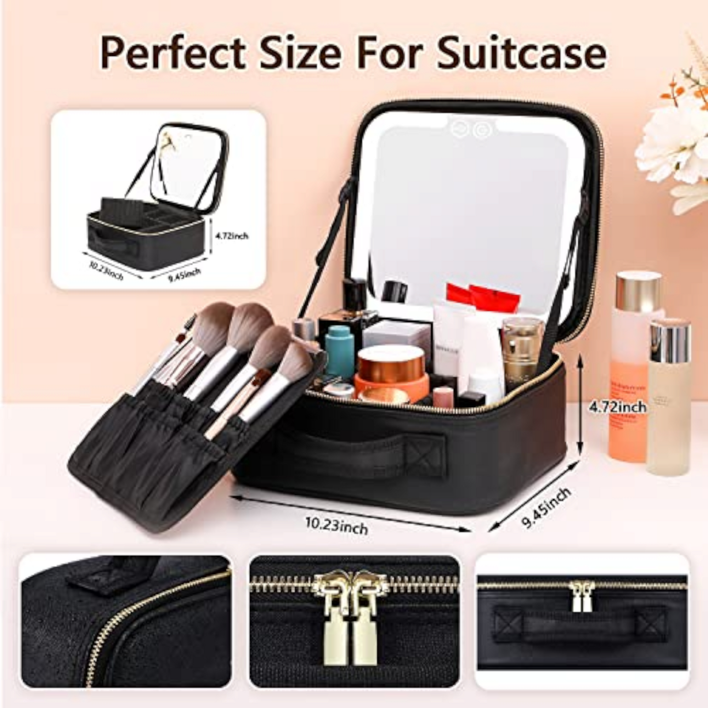 Travel Makeup Bag, Black Cosmetic Train Case with Lighted Mirror 3 Color Scenarios Adjustable Brightness, Makeup Train Case with Adjustable Dividers, Toiletry Storage Case Gift for Lady