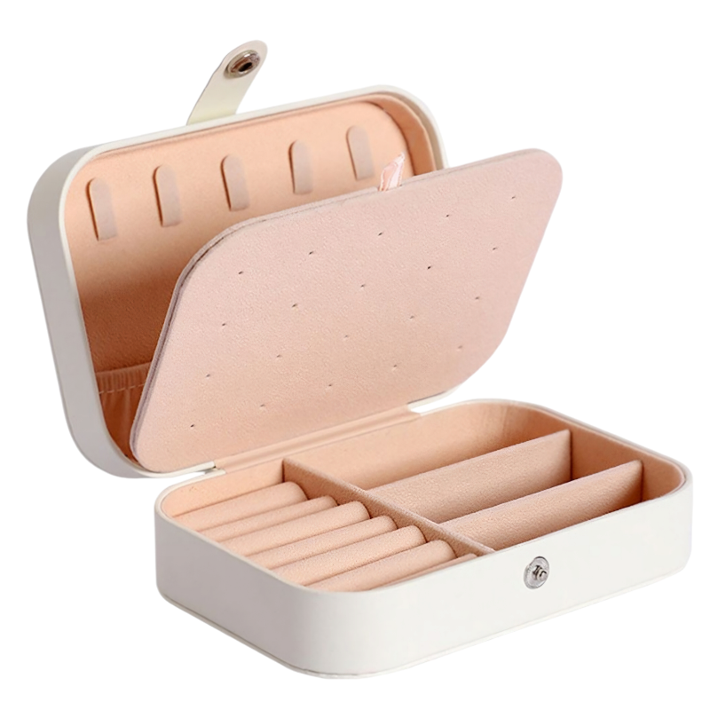 Dual Layer PU Leather Compact Portable Jewelry Box Organizer-Rectangle - White